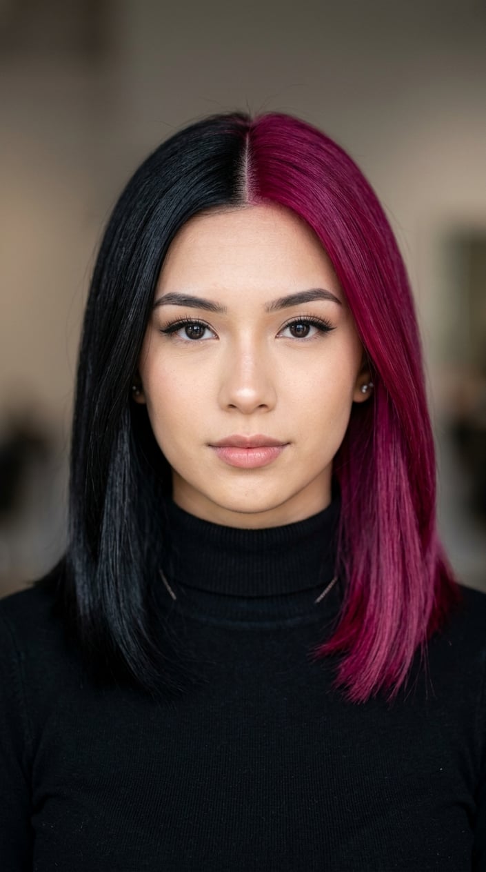 Close-up portrait of a person with half black and half magenta hair, looking confidently at the camera.