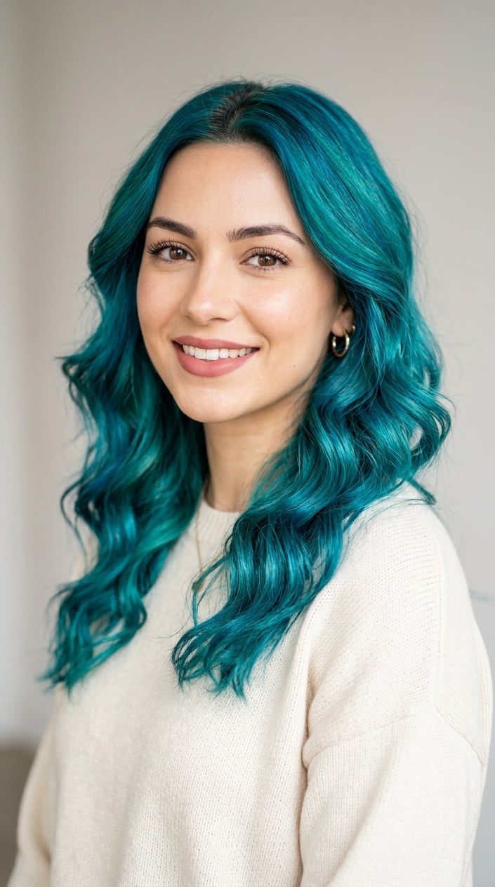 A young woman with vibrant teal dyed hair posing against a neutral background.
