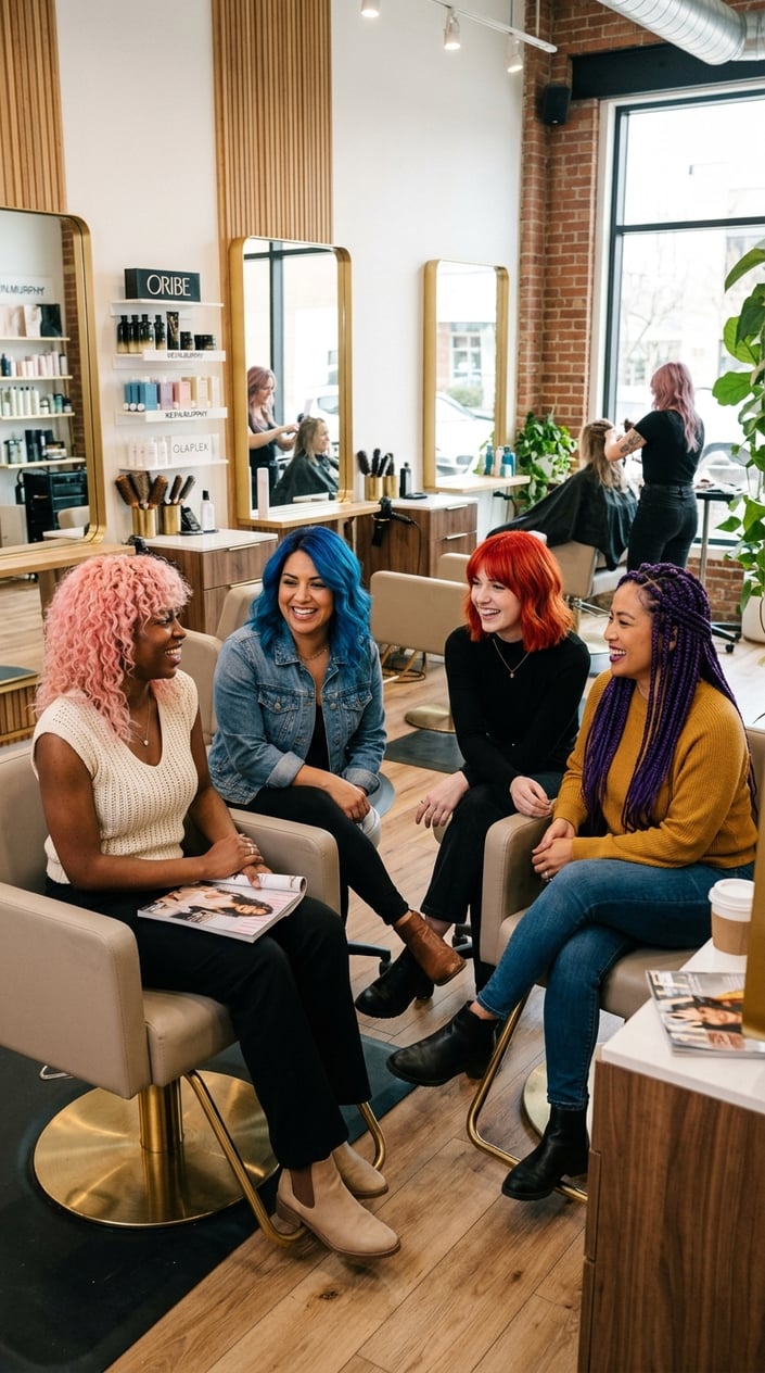 Four women with different vibrant hair colors sitting together in a bright salon, smiling and enjoying their hairstyles.