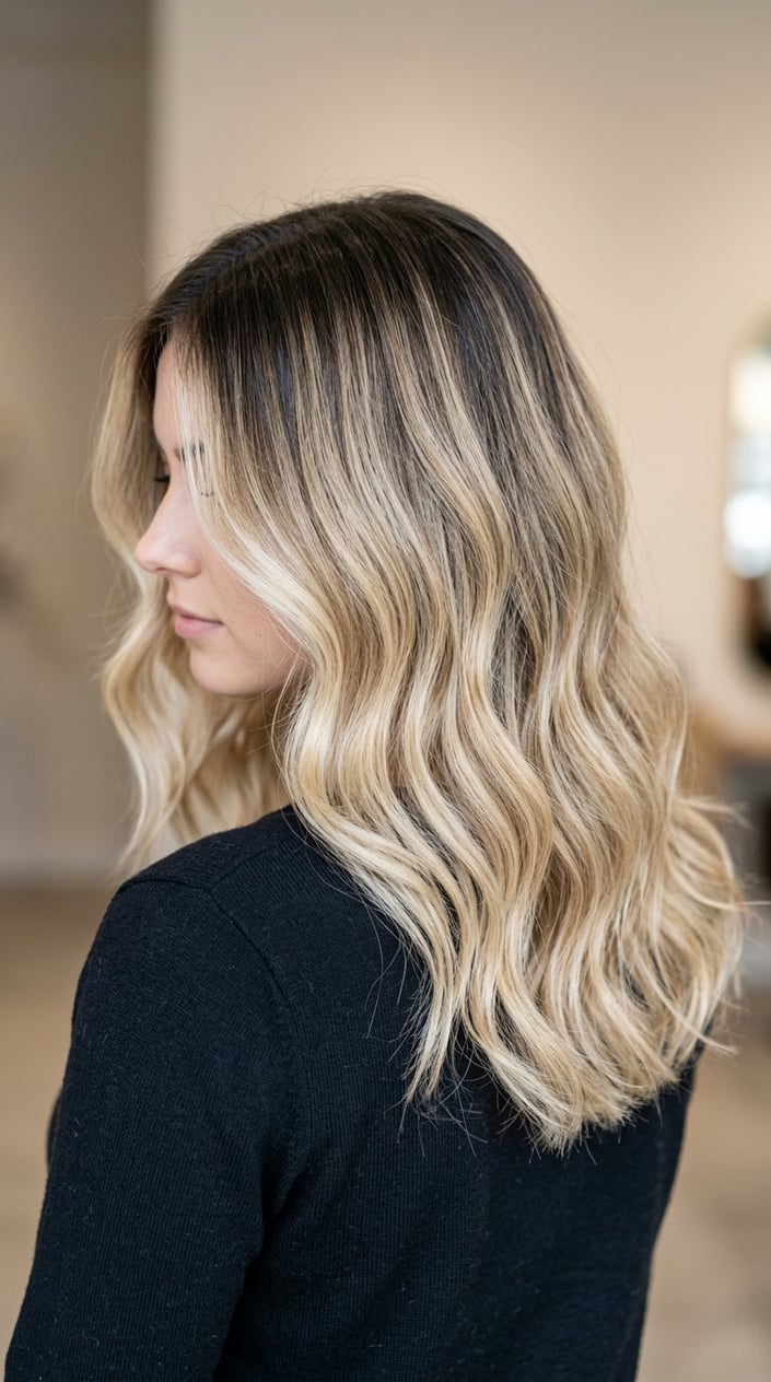 Close-up of a woman with shadow root blonde hair styled in loose waves against a neutral background.