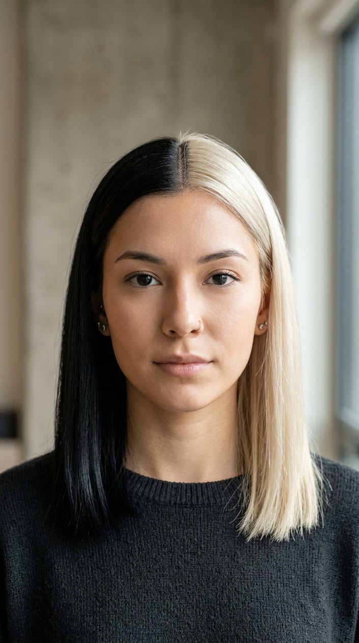 Close-up of a person with half black and half platinum blonde hair, looking straight ahead against a blurred neutral background.