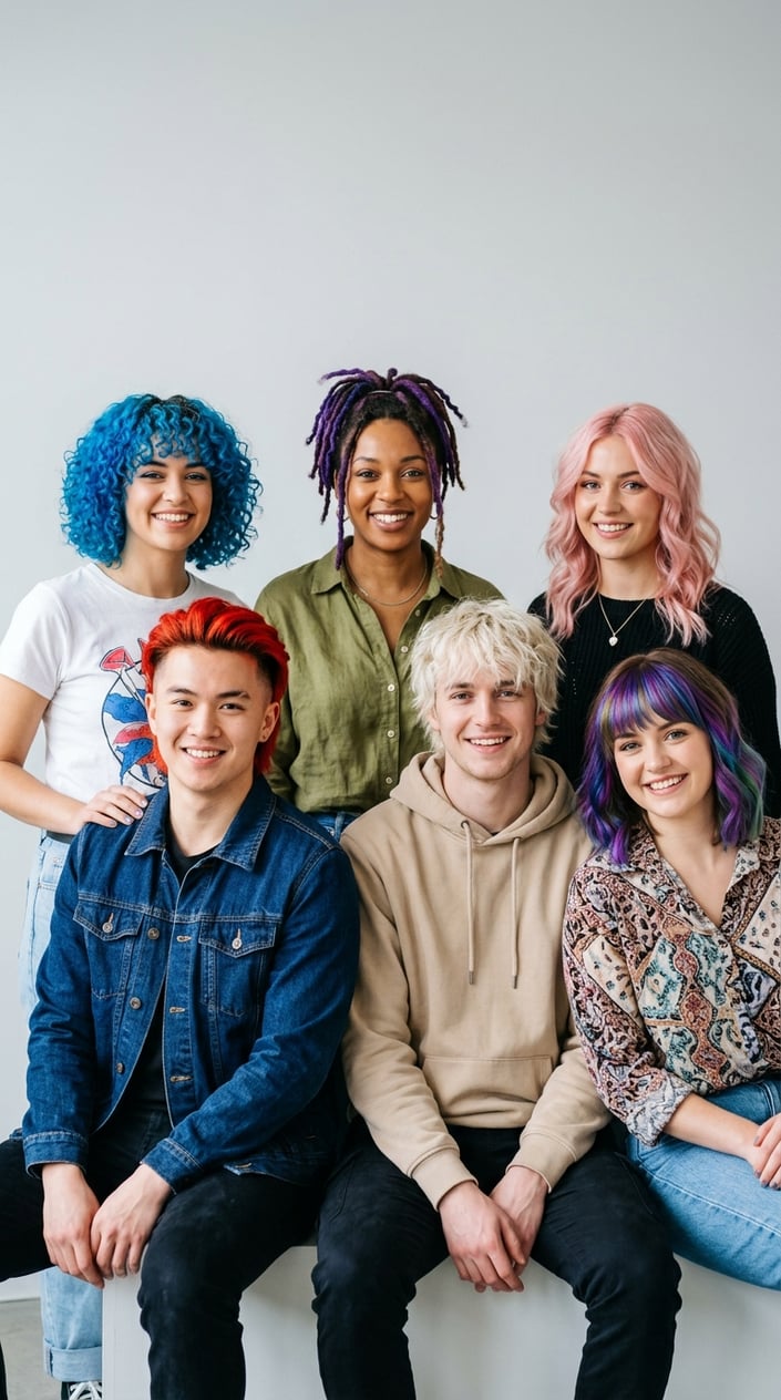 A group of six young adults with different vibrant dyed hair colors posing together in a studio.