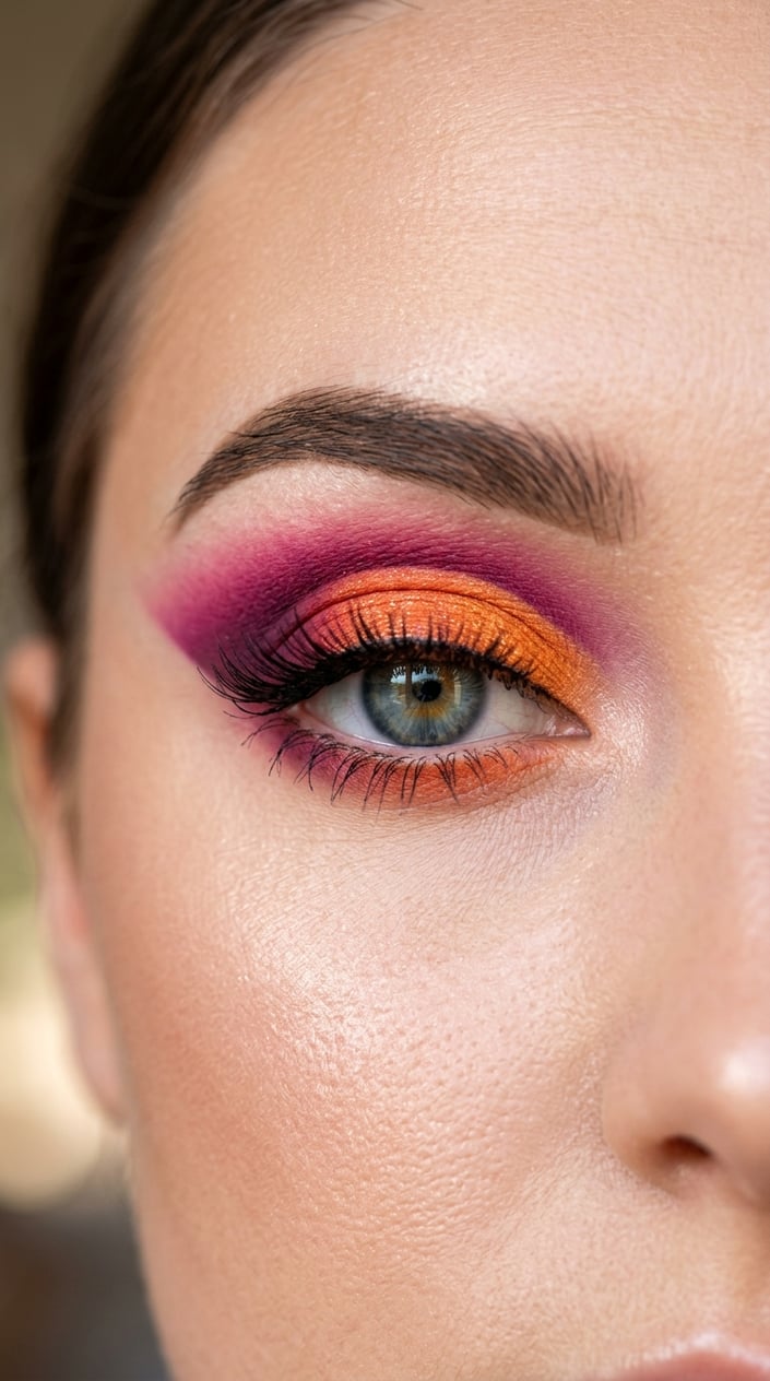 Close-up of a woman's eye with colorful orange and magenta eyeshadow applied in a cut crease style.