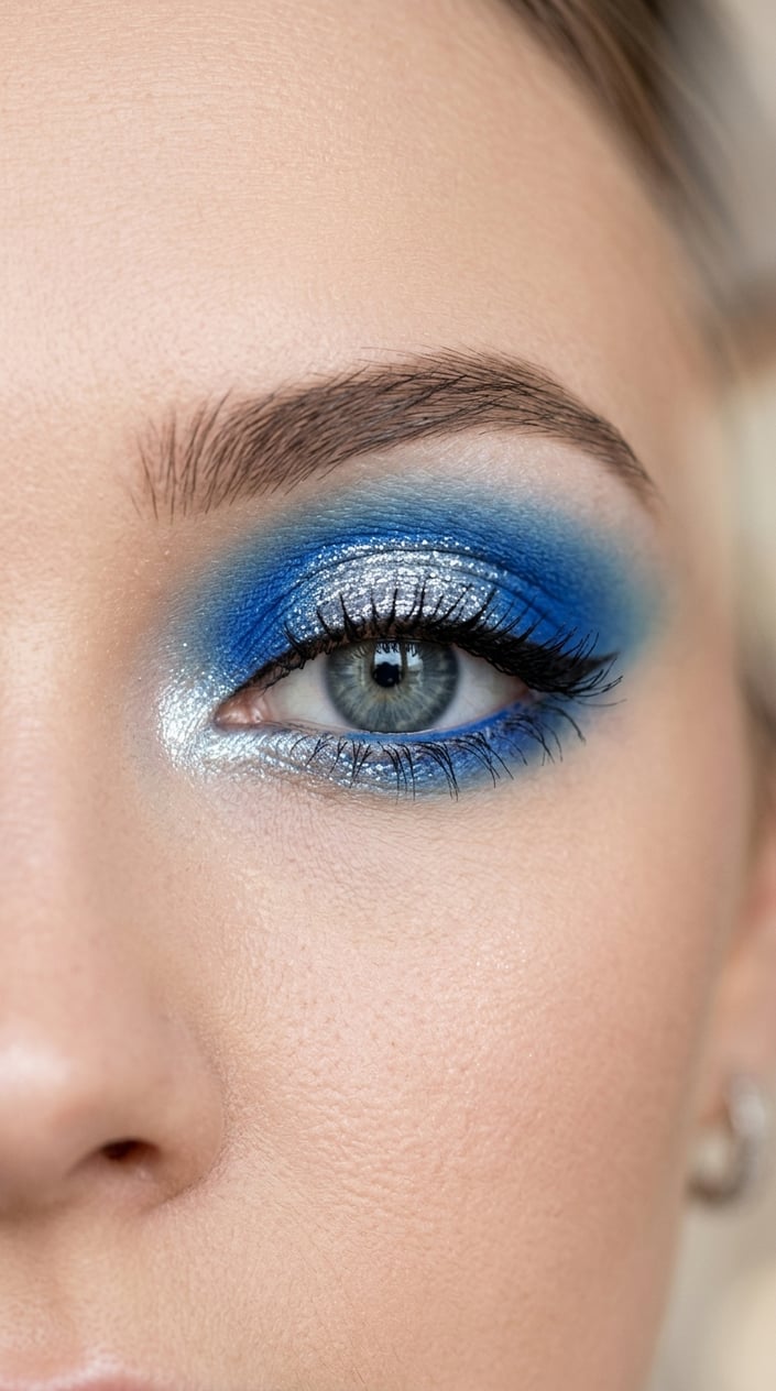 Close-up of a person's eye with bright blue and silver eyeshadow makeup.
