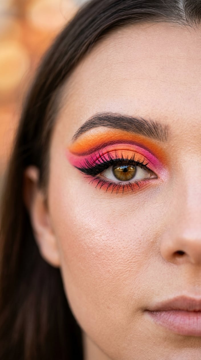Close-up of a woman's eye with bright orange and pink eye makeup in a cut crease design.