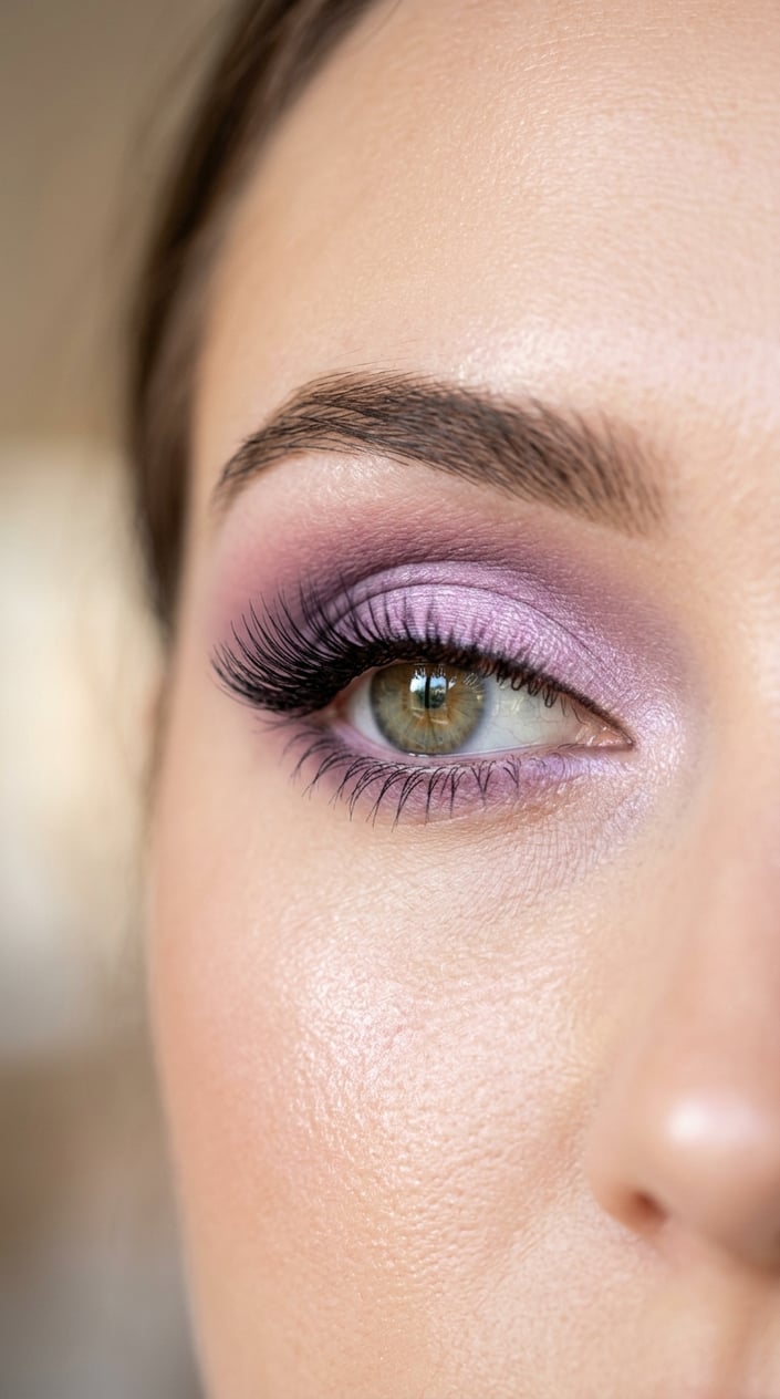 Close-up of a woman's eye with lilac and lavender eyeshadow and long eyelashes.