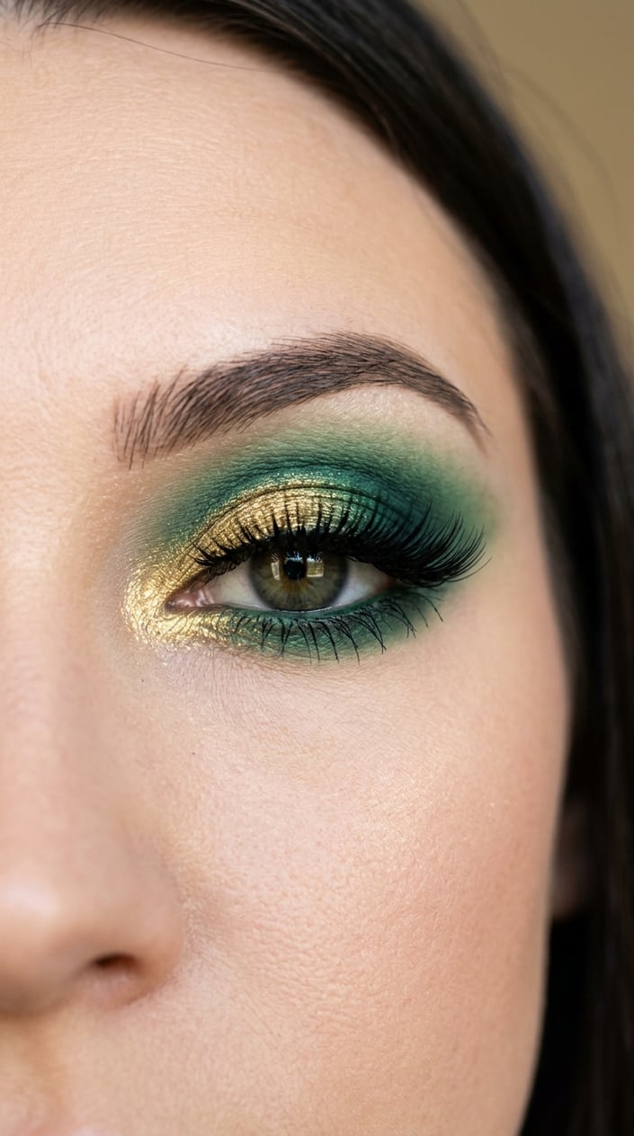 Close-up of a woman's eye with green and gold eyeshadow and long eyelashes.