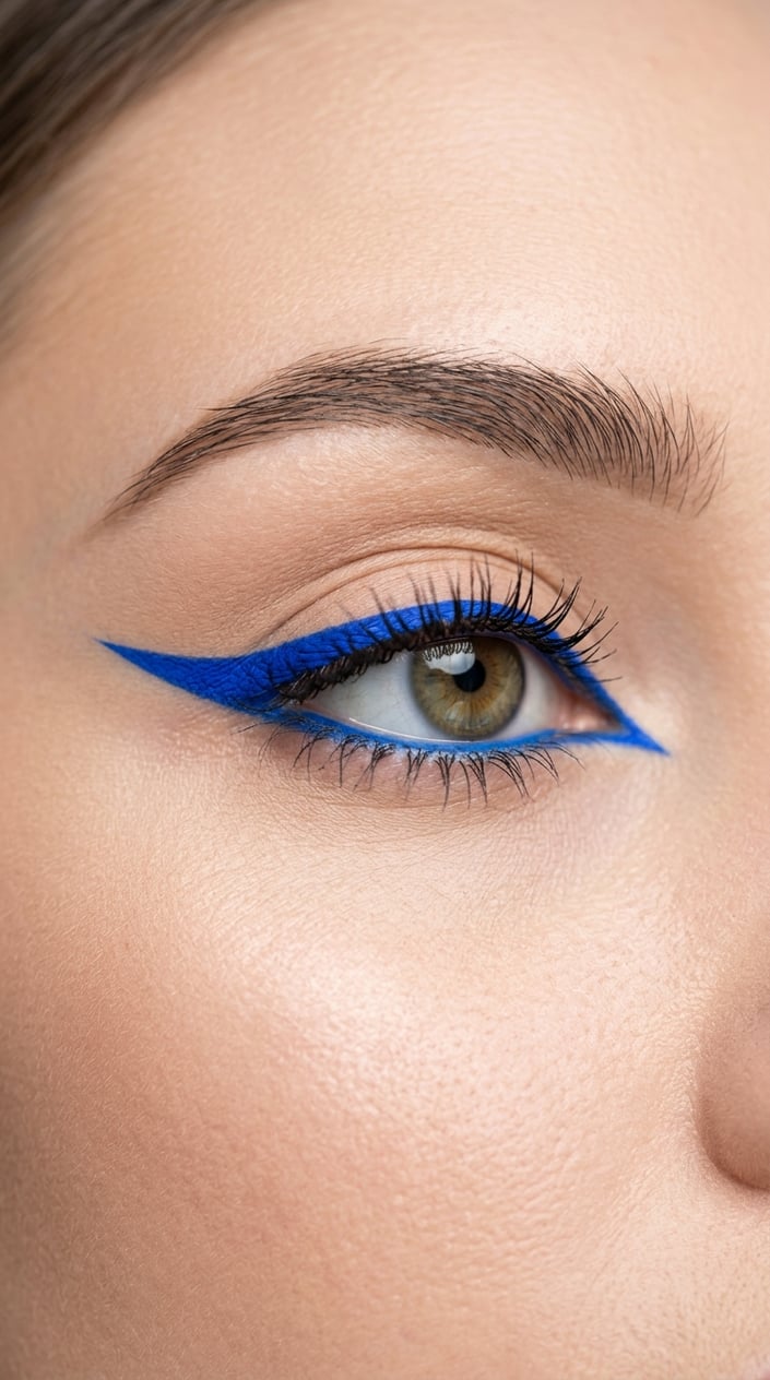 Close-up of a woman's eye with electric blue graphic eyeliner and nude eyeshadow on the eyelid.