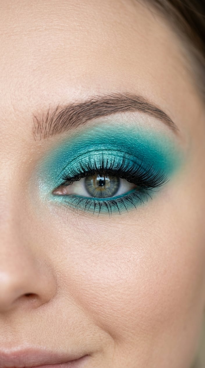 Close-up of a woman's eye with teal and turquoise eyeshadow and long eyelashes.