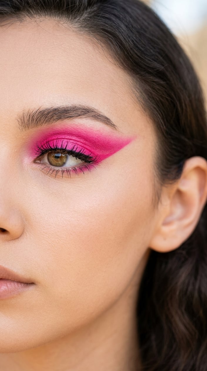 Close-up of a person's eye with bright hot pink winged eyeshadow.