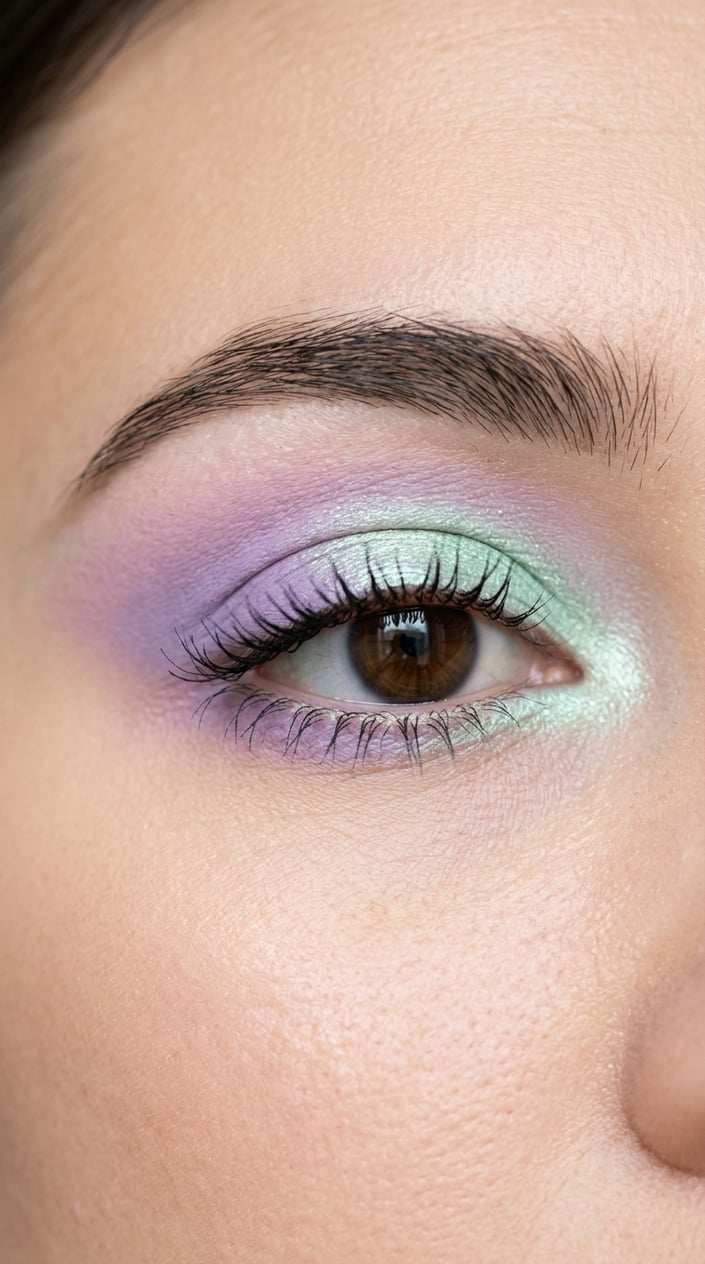 Close-up of a woman's eye with lilac and mint pastel halo eye makeup.