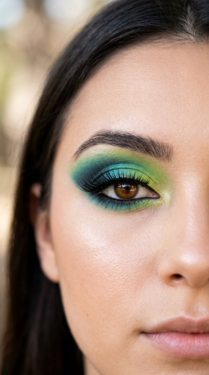Close-up of a woman's eye with teal and lime green smoky eye makeup.