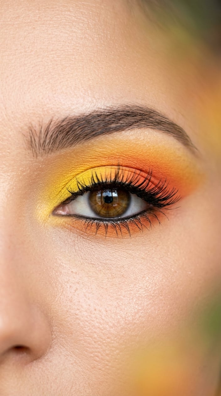 Close-up of an eye with yellow and orange gradient eyeshadow and long eyelashes.