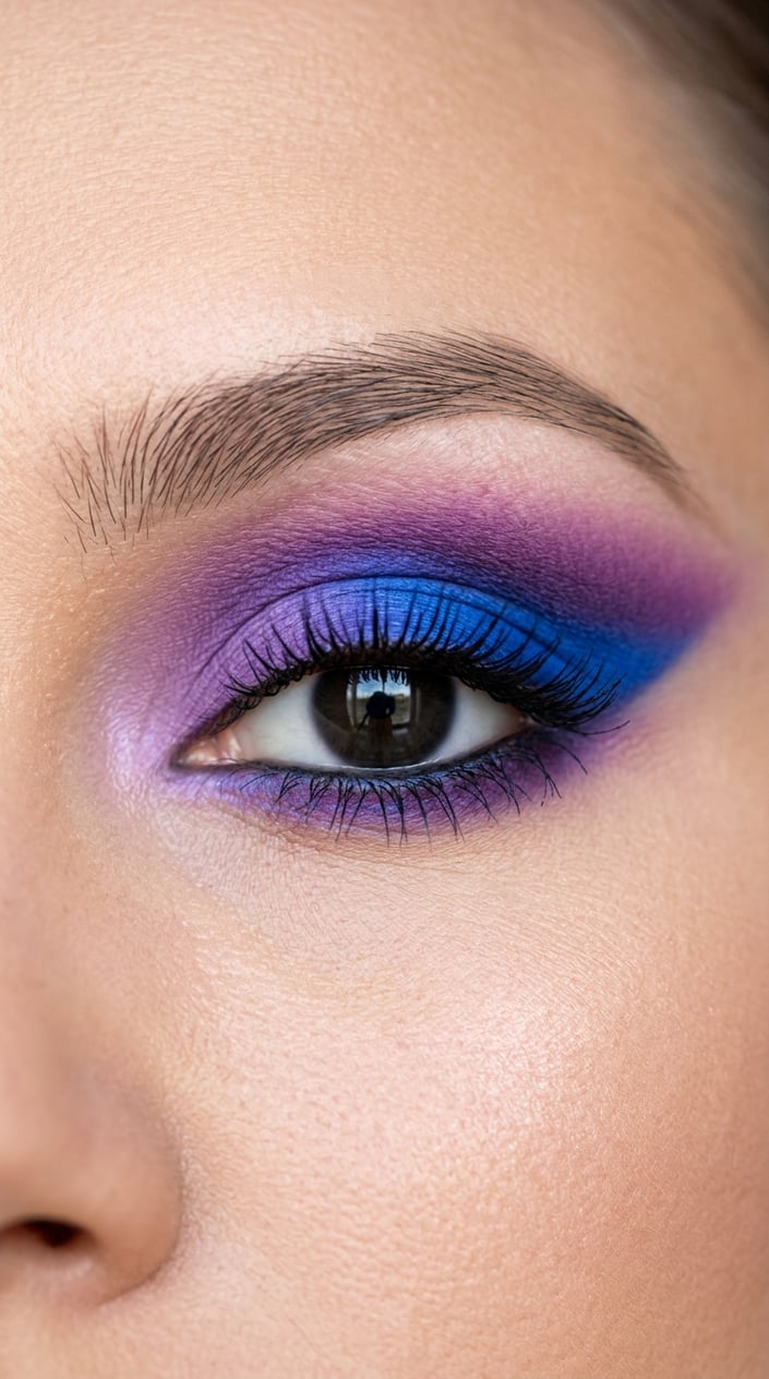 Close-up of a woman's eye with purple and blue eyeshadow blended on the outer corner.