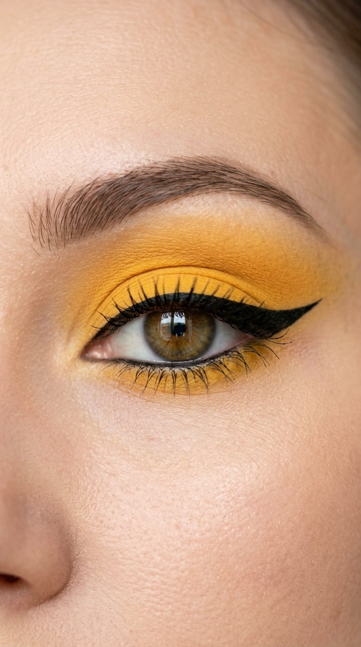 Close-up of an eye with bright yellow eyeshadow and sharp black winged eyeliner.