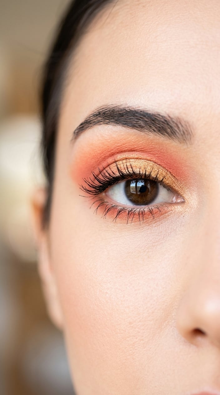 Close-up of a woman's eye with coral, peach, and gold eyeshadow makeup, showing well-blended vibrant colors and long eyelashes.