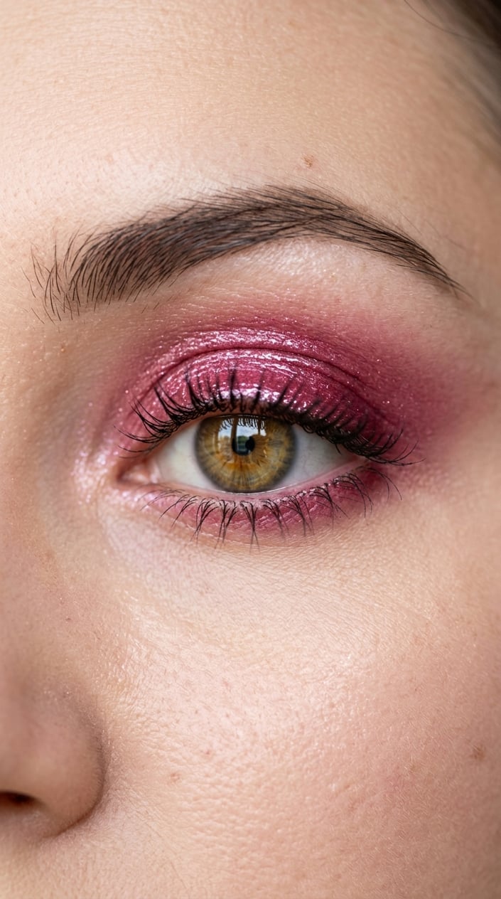 Close-up of a human eye with glossy berry pink eyeshadow on the eyelid.