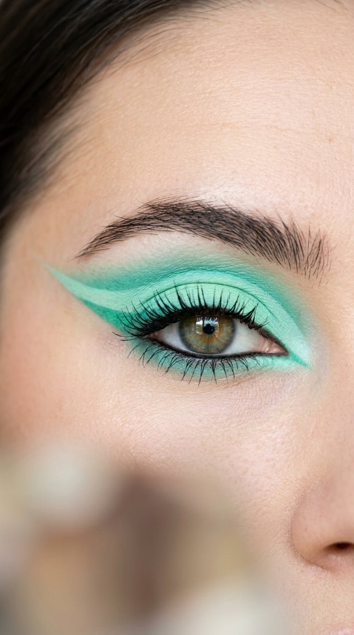 Close-up of a woman's eye with bold mint green graphic eyeshadow makeup.
