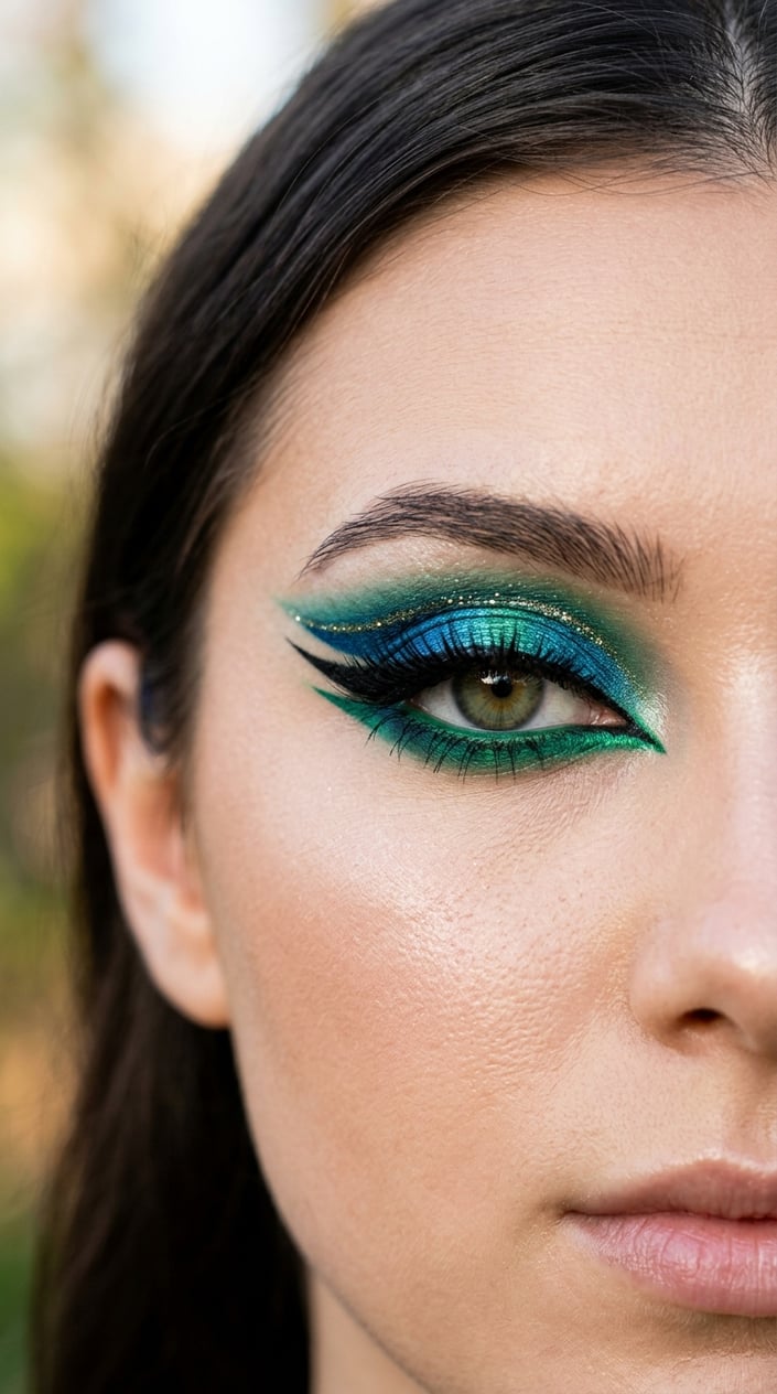 Close-up of an eye with colorful peacock blue and emerald double winged eye makeup.
