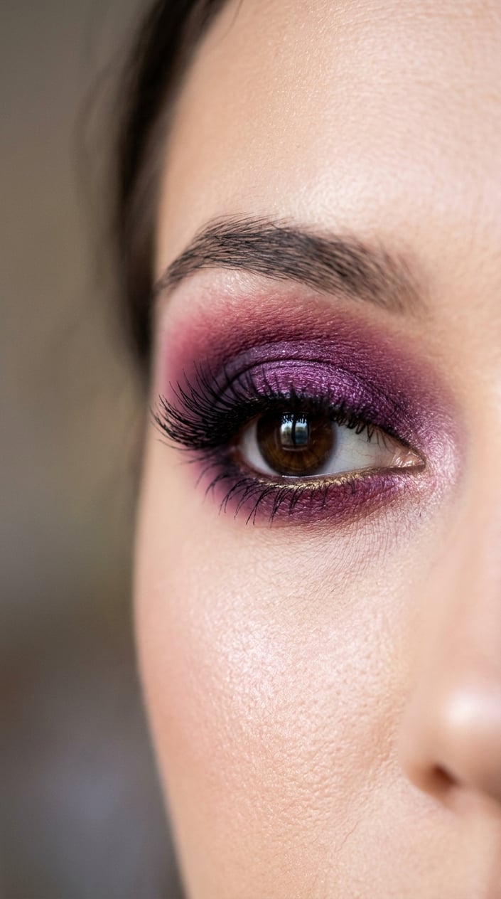 Close-up of a woman's eye with vibrant berry and plum colored smoky eye makeup.