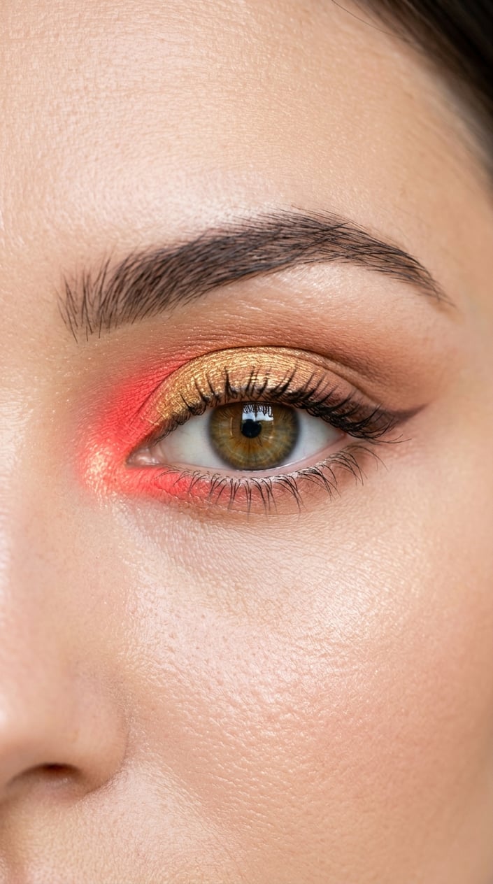 Close-up of a woman's eye with coral and gold eyeshadow on the inner corner.