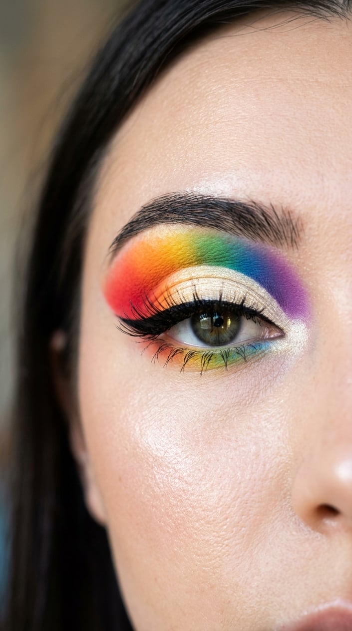 Close-up of a person's eye with colorful rainbow eyeshadow in a cut crease style.