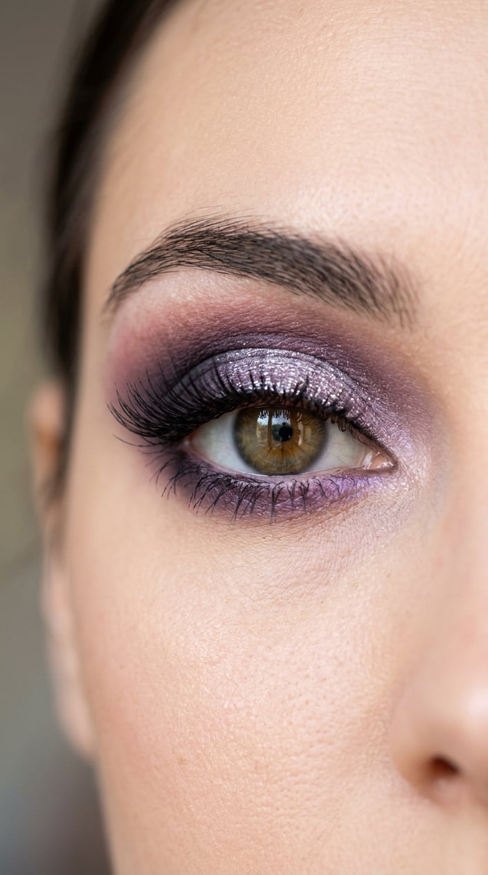 Close-up of a woman's eye with lavender smoky eye makeup and silver shimmer on the eyelid.