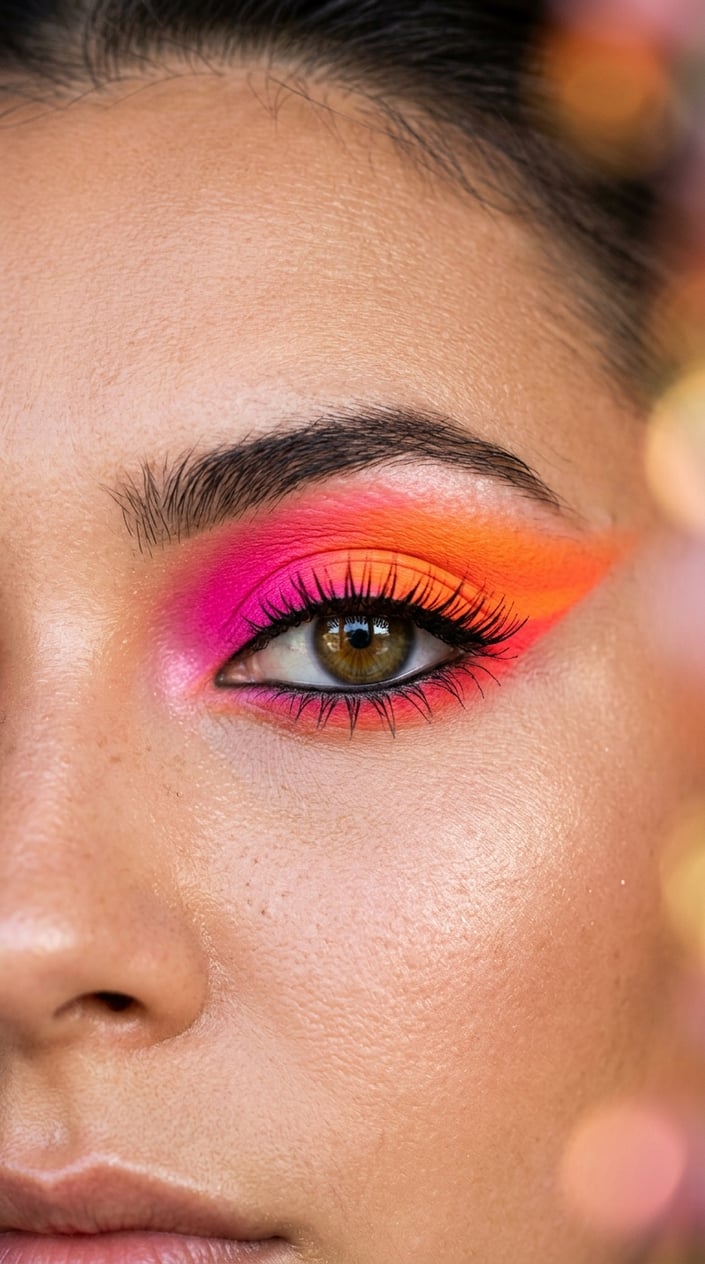 Close-up of an eye with bright neon pink and orange eyeshadow and long eyelashes.