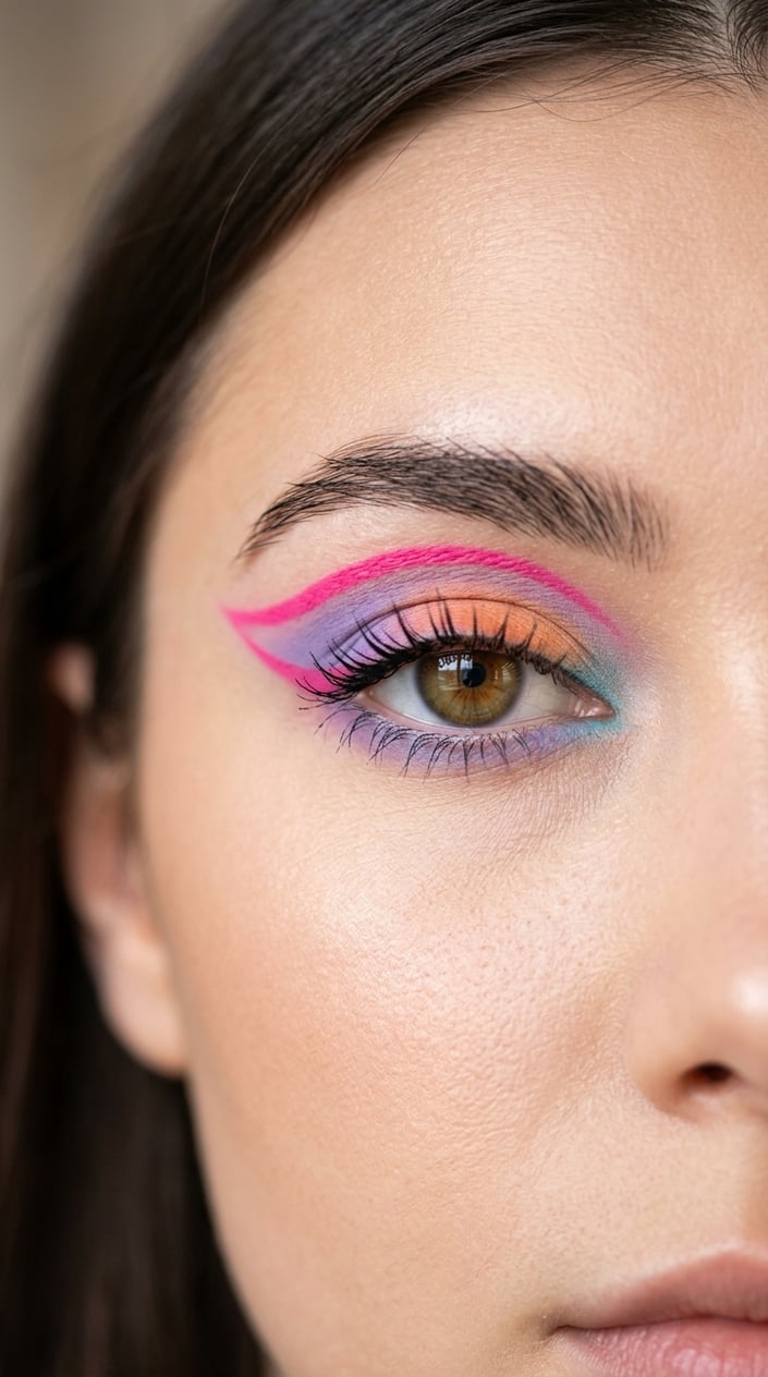 Close-up of an eye with bright hot pink eyeliner above the crease and colorful eyeshadow around it.