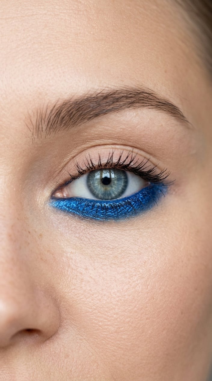 Close-up of an eye with vibrant blue eyeshadow applied along the lower lash line.