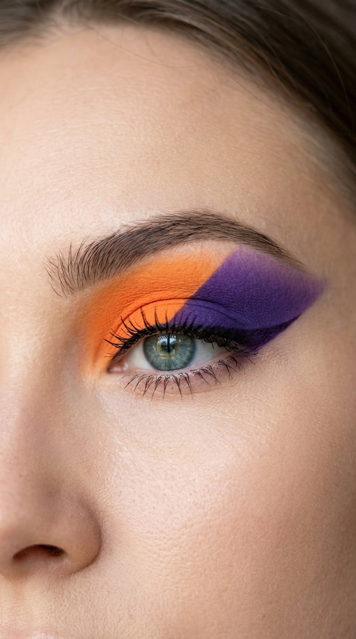 Close-up of a person's eye with bright orange and purple eye makeup.