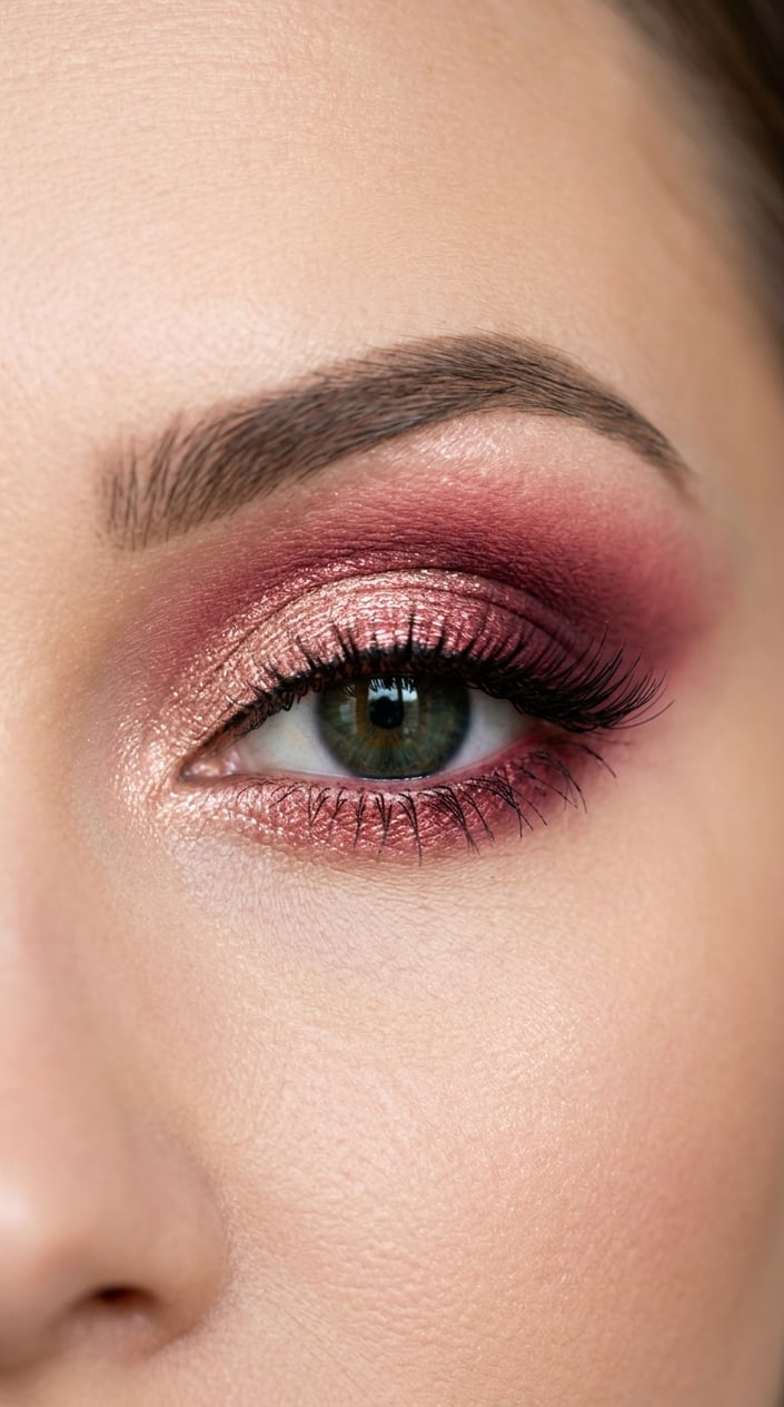 Close-up of a woman's eye with rose gold and cranberry eyeshadow makeup.