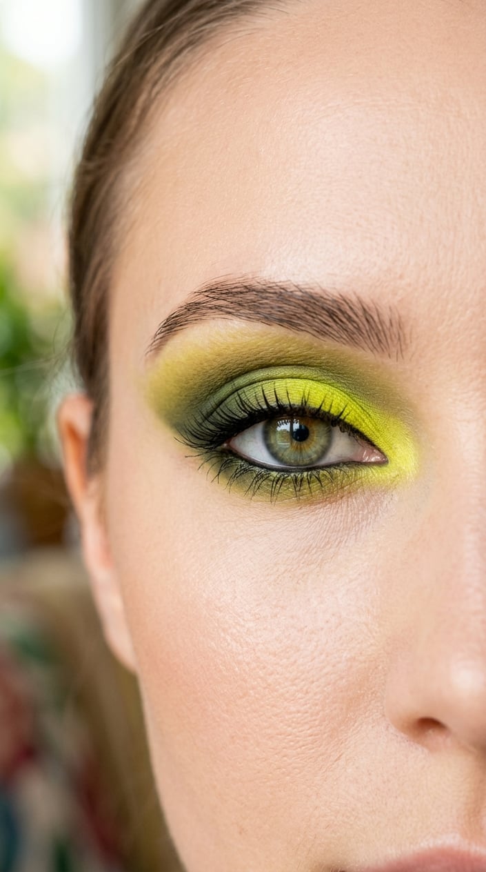 Close-up of a person's eye with colorful chartreuse and olive green eyeshadow applied.
