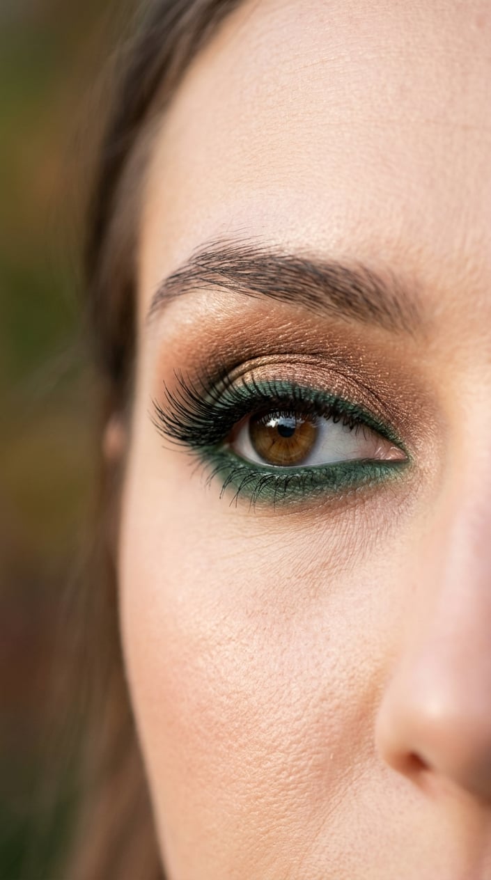 Close-up of a woman's eye with green smudged eyeliner and bronze eyeshadow accent.