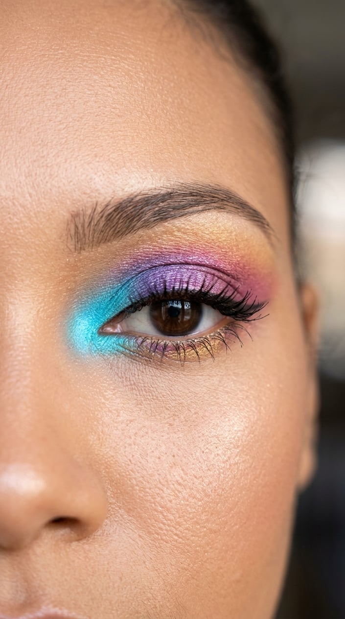 Close-up of a woman's eye with aqua blue eyeshadow on the inner corner and colorful eyeshadow on the eyelid.