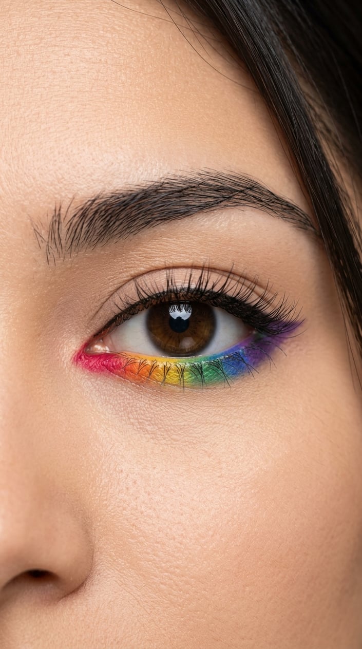Close-up of a woman's eye with colorful rainbow makeup applied along the lower lash line.