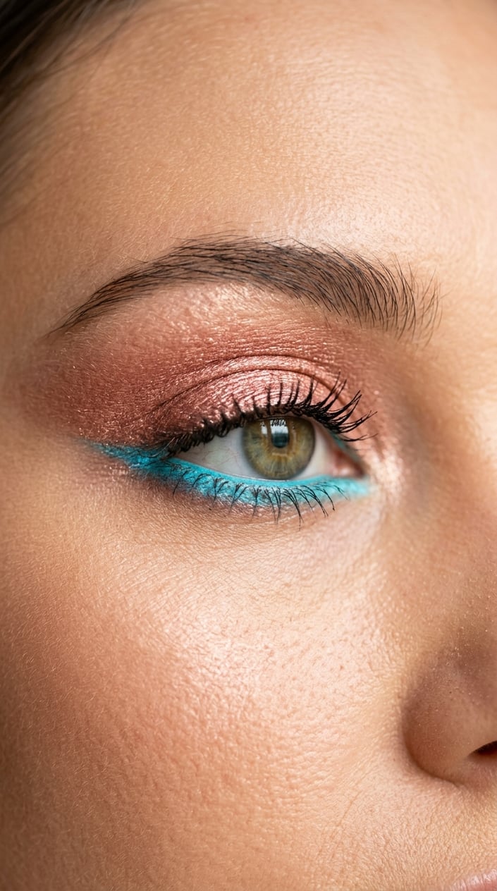 Close-up of a woman's eye with rose gold eyeshadow on the eyelid and aqua blue eyeliner on the lower lash line.