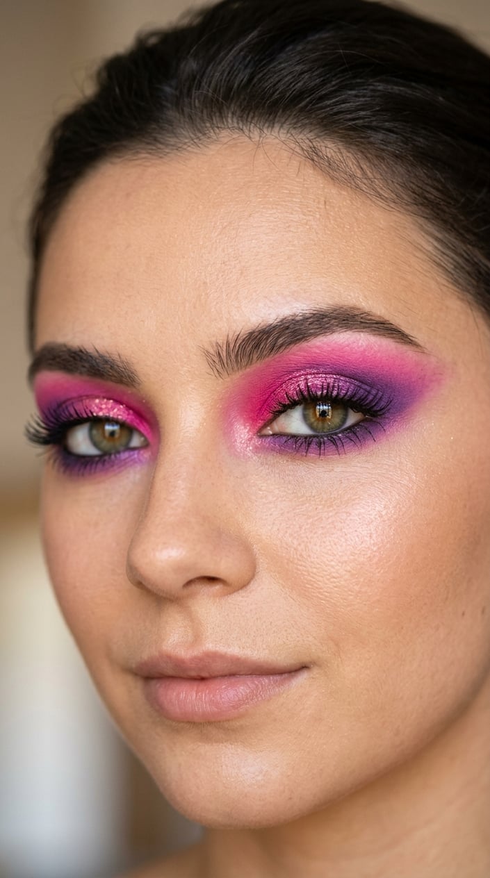 Close-up of a person's eyes with vibrant pink and purple eyeshadow and long eyelashes.