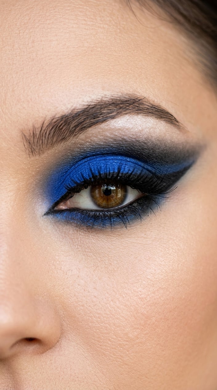 Close-up of a female eye with vibrant cobalt blue and black smudged eyeshadow wing makeup.