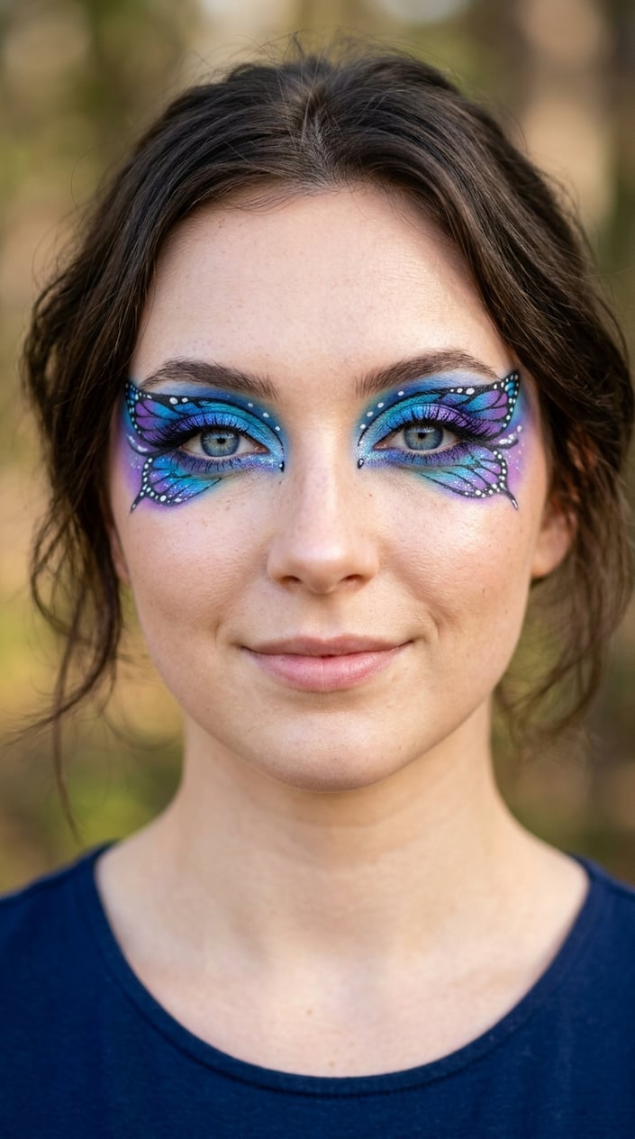 Close-up of a woman's eyes with blue and purple butterfly-inspired eye makeup.