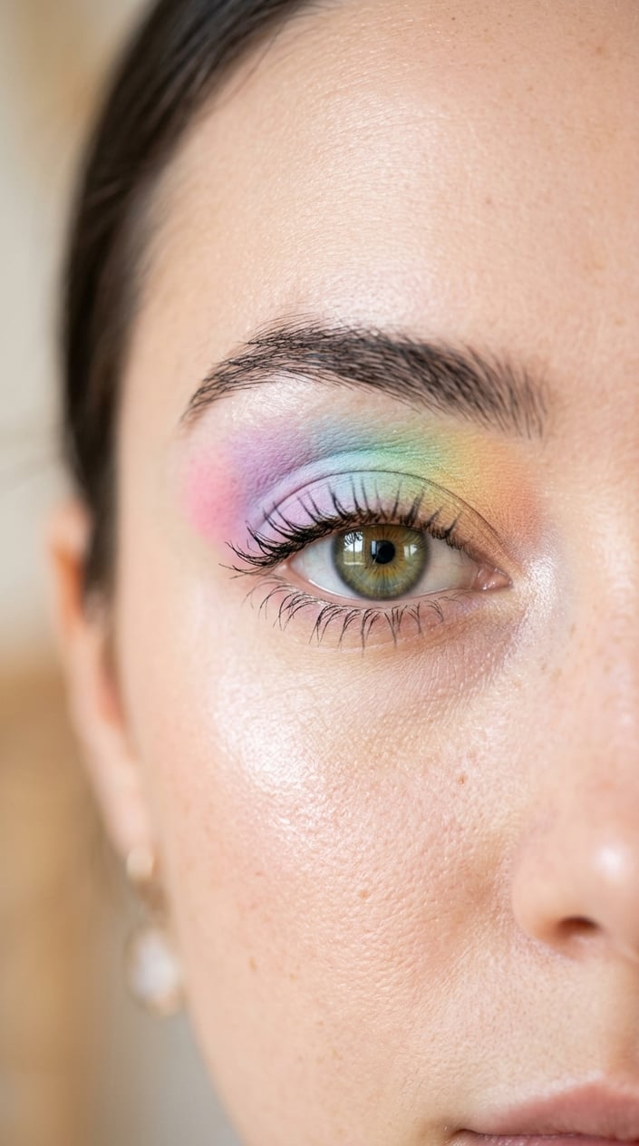 Close-up of an eye with colorful pastel eyeshadow in soft rainbow shades.