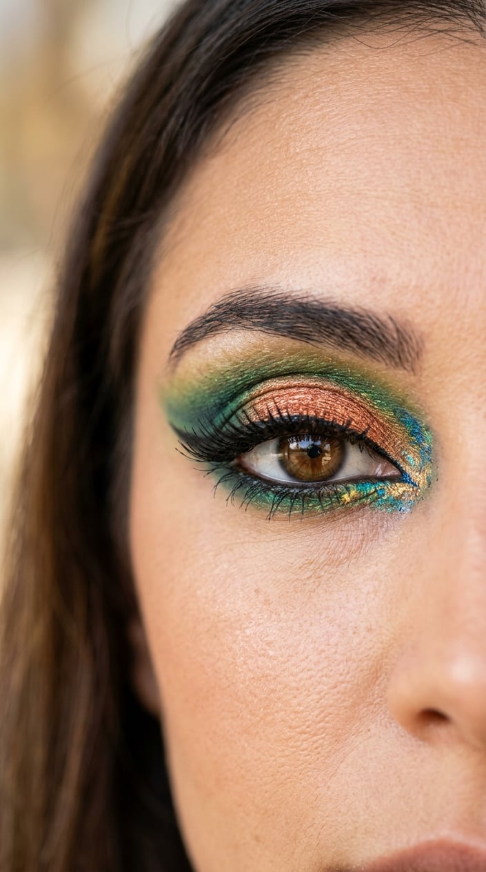 Close-up of a woman's eye with copper and green peacock-inspired eyeshadow makeup.