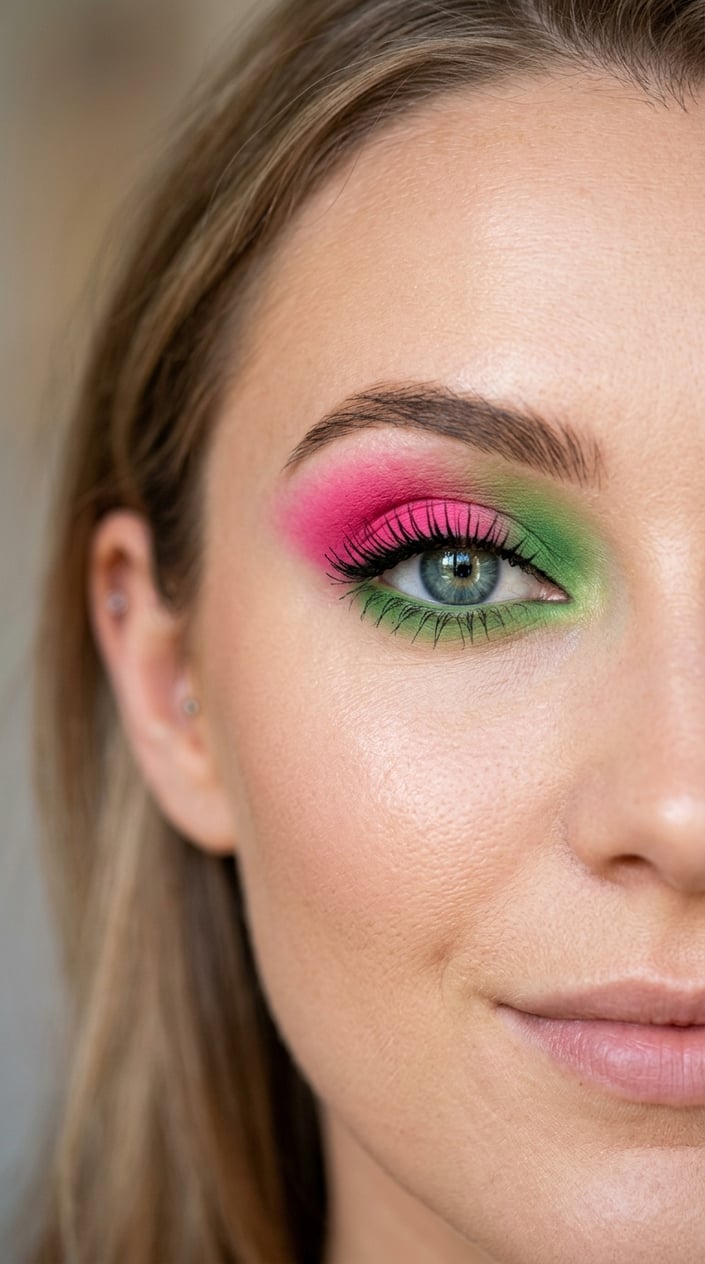 Close-up of a woman's eye with pink and green eye makeup.