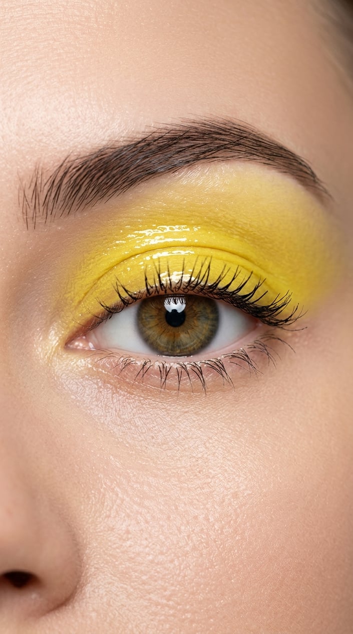 Close-up of a human eye with lemon yellow eyeshadow and glossy eyelid.