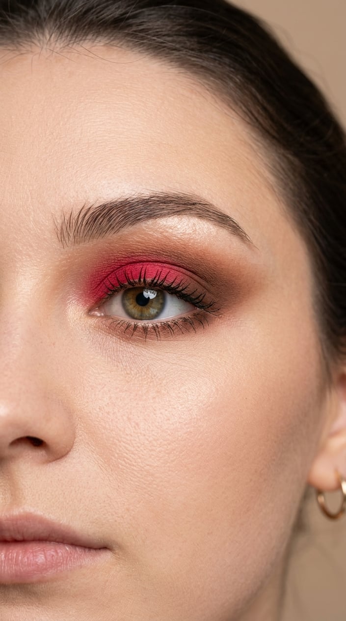 Close-up of a woman's eye with cherry red eyeshadow blending into soft brown edges.