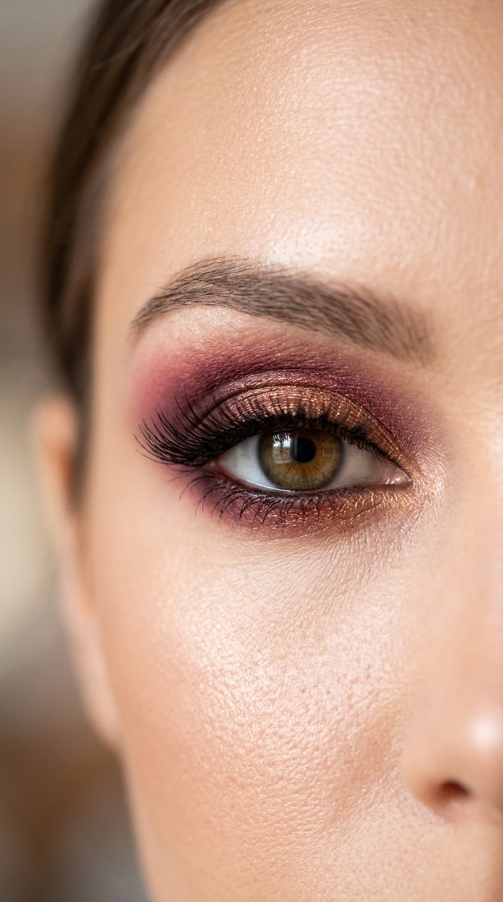 Close-up of a woman's eye with burgundy and bronze smoky eyeshadow and long eyelashes.
