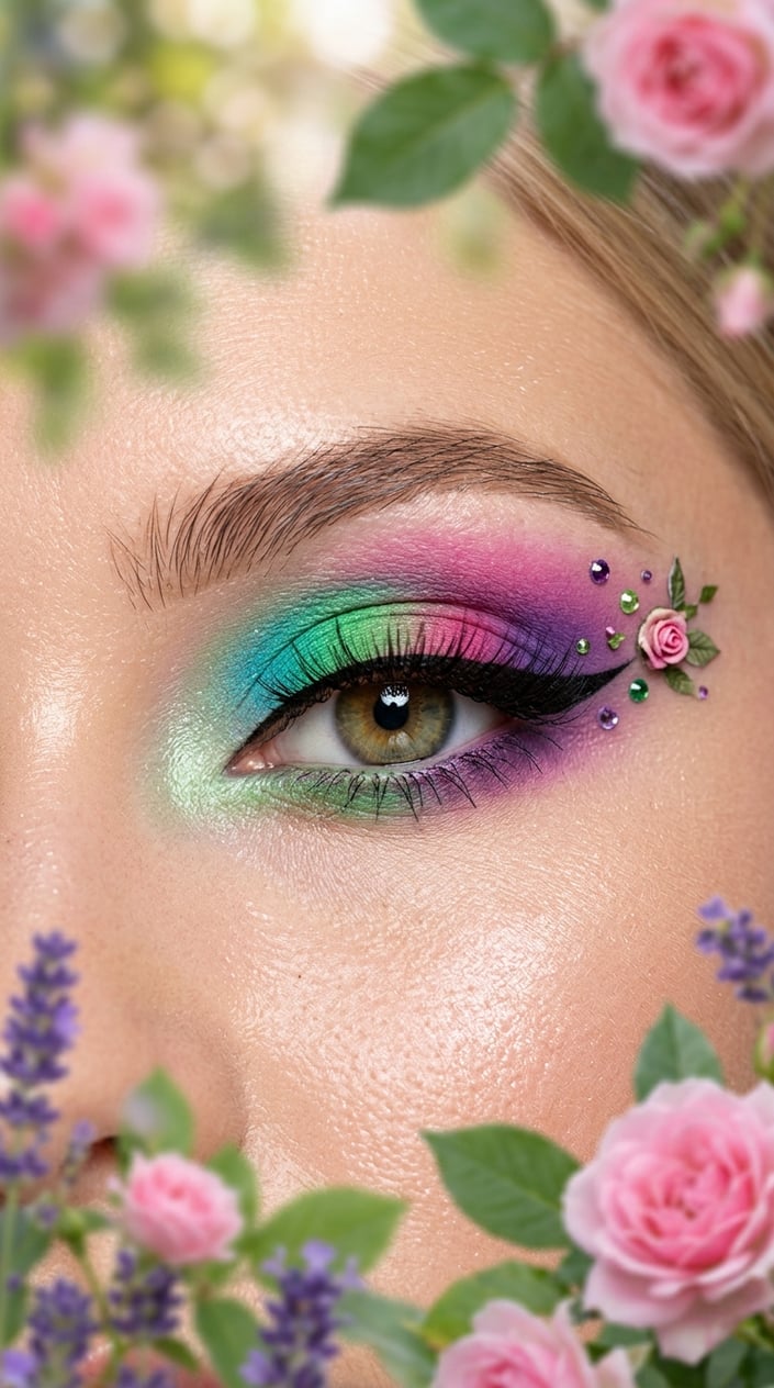 Close-up of a female eye with colorful pink, purple, and green eyeshadow surrounded by soft-focus flowers.