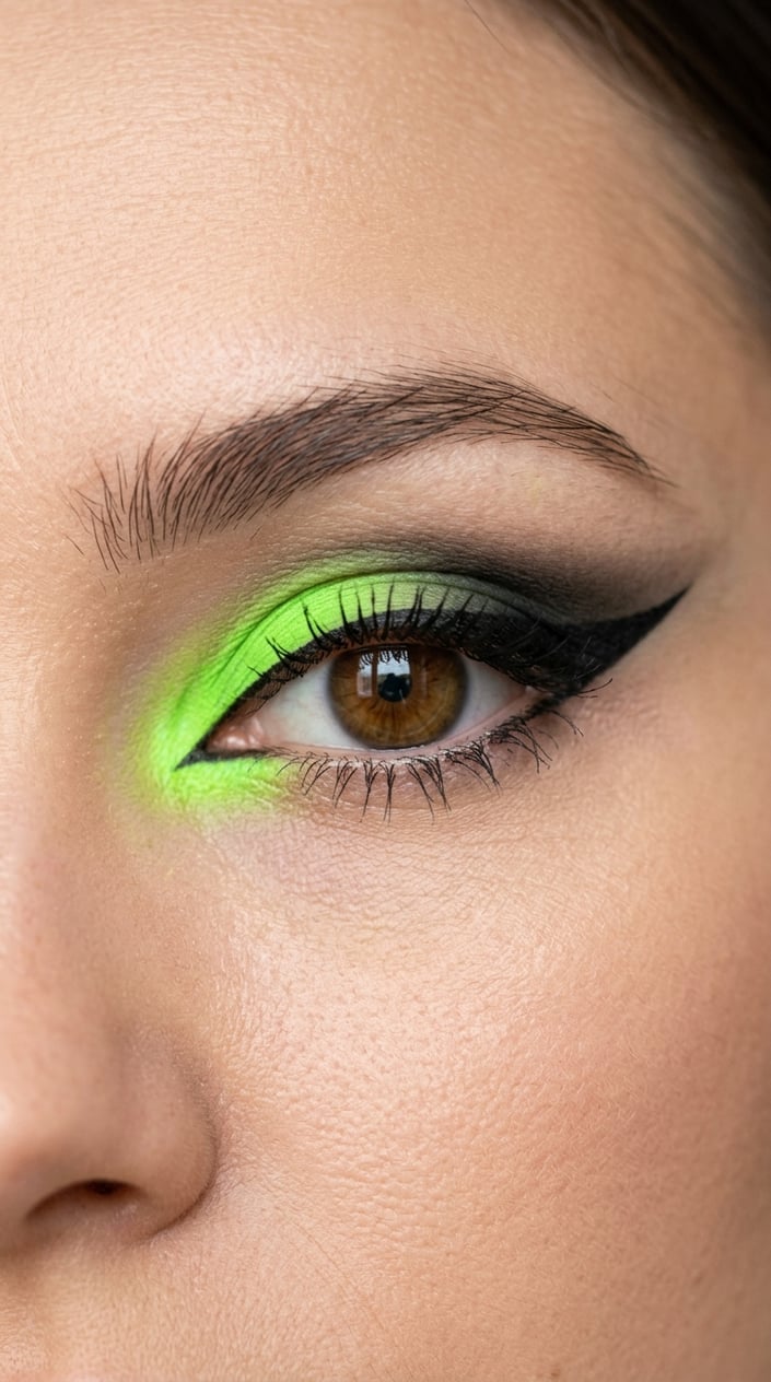 Close-up of a woman's eye with neon green inner corner makeup and black cat eye eyeliner.