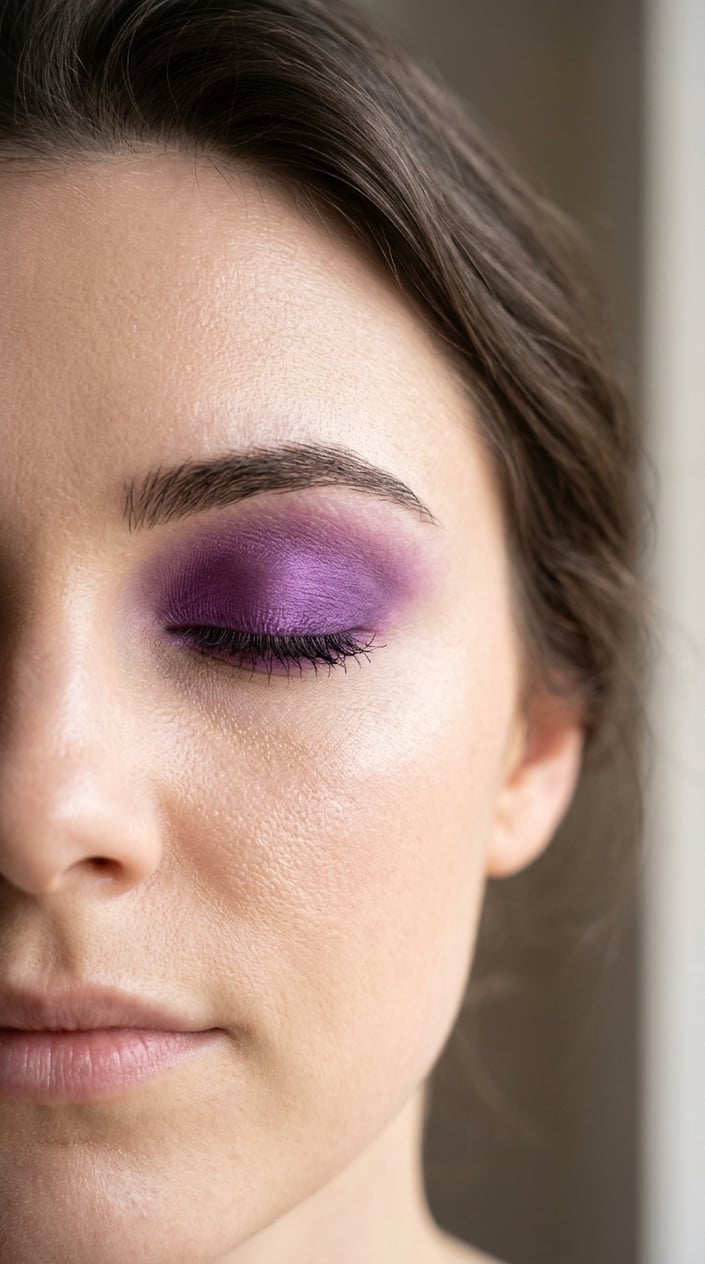 Close-up of a person's closed eyes with purple eyeshadow covering the eyelids.