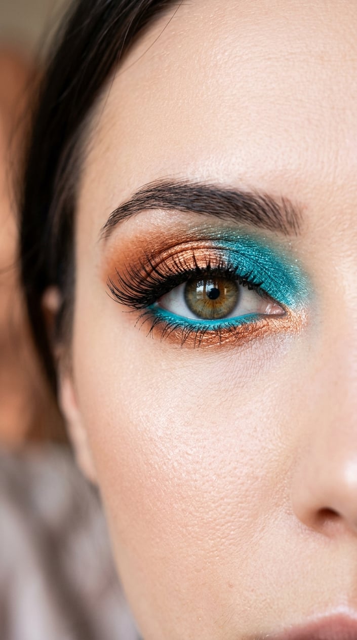 Close-up of a female eye with colorful copper and turquoise eye makeup.